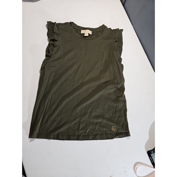 Michael‎ Kors Olive Green  Cotton Flutter Sleeve Top MK Gold Accent Med. (A210) - Picture 1 of 8